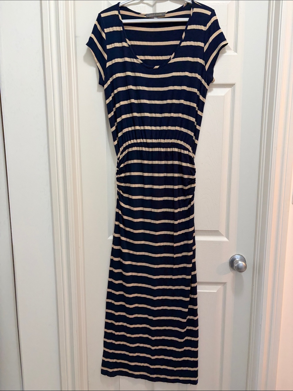 finn & clover Navy and Cream Striped Midi Dress with Ruched Waist